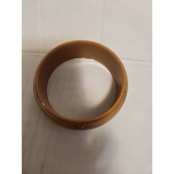 Collectible Bangle Bracelet Lt Brown Painted Flowers 3/4" W x 2 5/8" Across - Picture 6 of 6